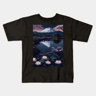 Serene Mount Fuji Sunset - Peaceful River Scenery - Lotus Flowers Kids T-Shirt